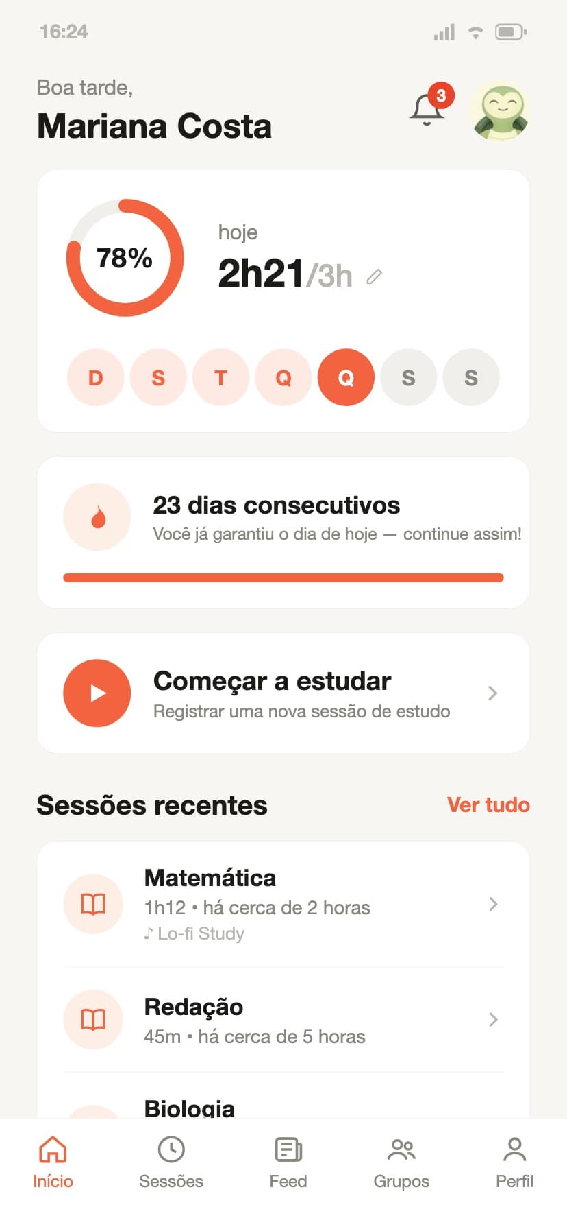Tela inicial do Studaily